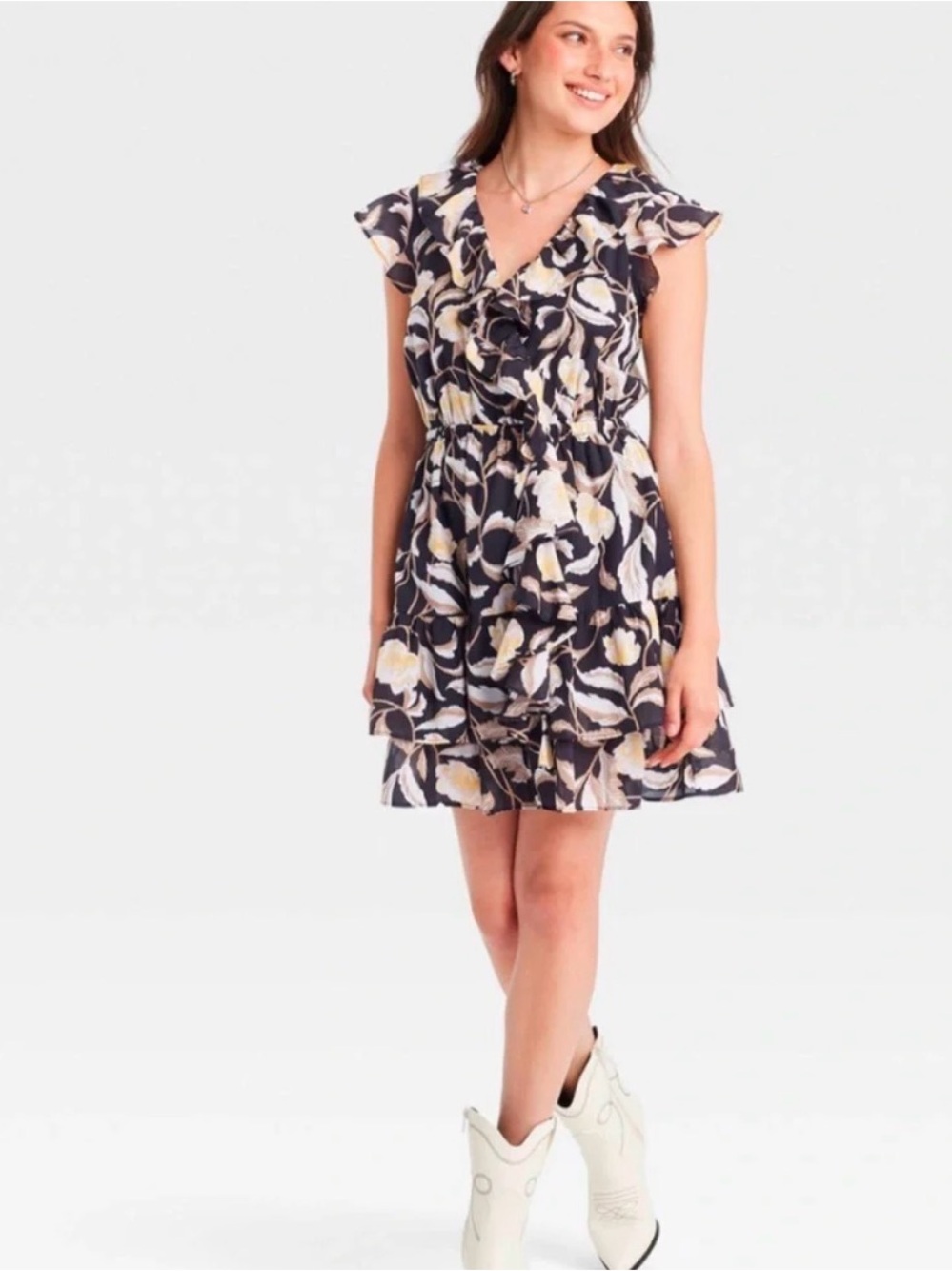Universal Thread mini dress V-neck black and yellow floral